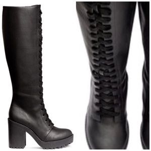 H&M Chunky Heel Black Lace Up Boots